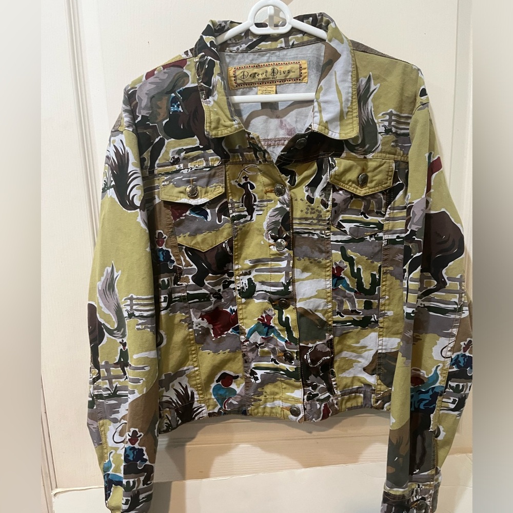 Desert Diva Western Rodeo Cowboy Print Jacket Sz XL greenish yellow